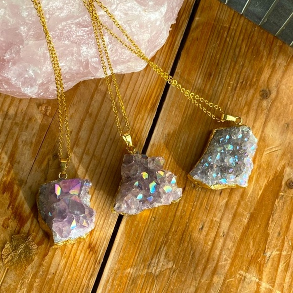 Quartz Necklace Purple Rainbow Galaxy Pendant Gold Purple Necklace Crystals